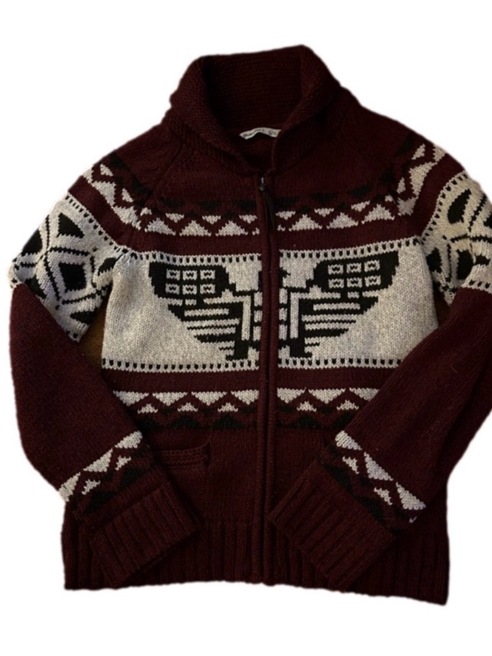 Bluenotes Maroon Zip-Up Shawl Collar Sweater with Thunderbird Pattern